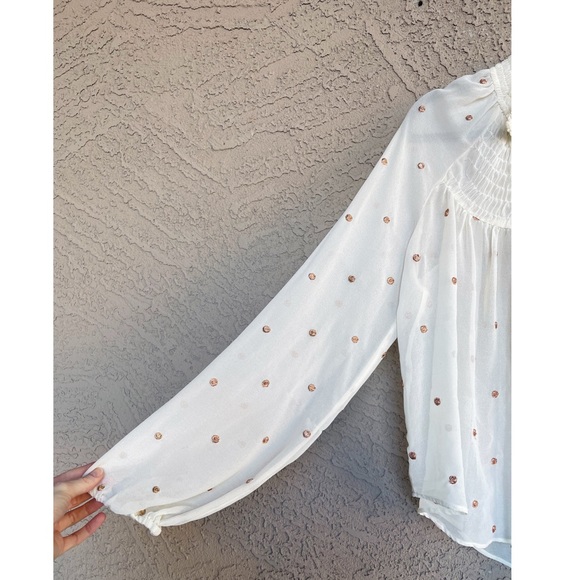 FREE PEOPLE Sheer Cream Metallic Gold Clip Dot Smocked Oversized Tunic Blouse - Picture 11 of 17
